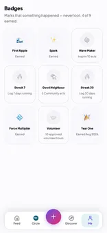 A grid of badges, some earned and some still to come, from First Ripple to Streak 30.