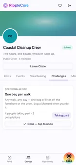 The Challenges tab: what the Circle is asking of its members, who is taking part, and a button to join in.