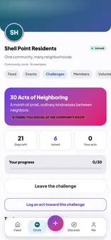 A month-long challenge with days left, members joined and a progress bar toward the target.