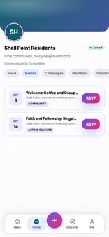 Upcoming Circle events with dates, a venue and an RSVP button on each.
