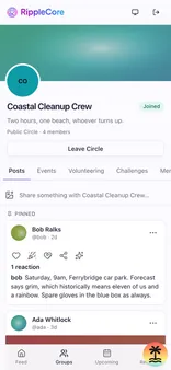 A Circle home with its feed, a pinned welcome notice and tabs for posts, events, volunteering and challenges.