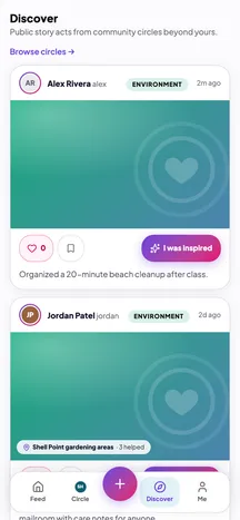 Discover: public stories from other Circles, each with a Love button and an I was inspired button.