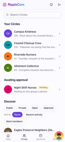 Discover: Circles to browse and search, with filters for the kind of community you are looking for.