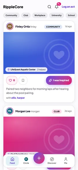 The RippleCore feed: a story about pairing two neighbours for morning laps, with Love, Save and I was inspired buttons beneath it.