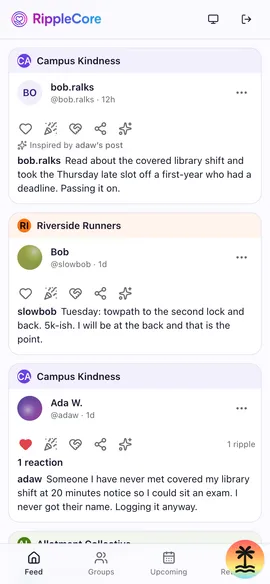 The RippleCore feed: a story about pairing two neighbours for morning laps, with Love, Save and I was inspired buttons beneath it.