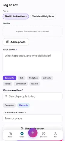 The story composer: a circle picker, a photo slot and a caption box asking what happened and who it helped.